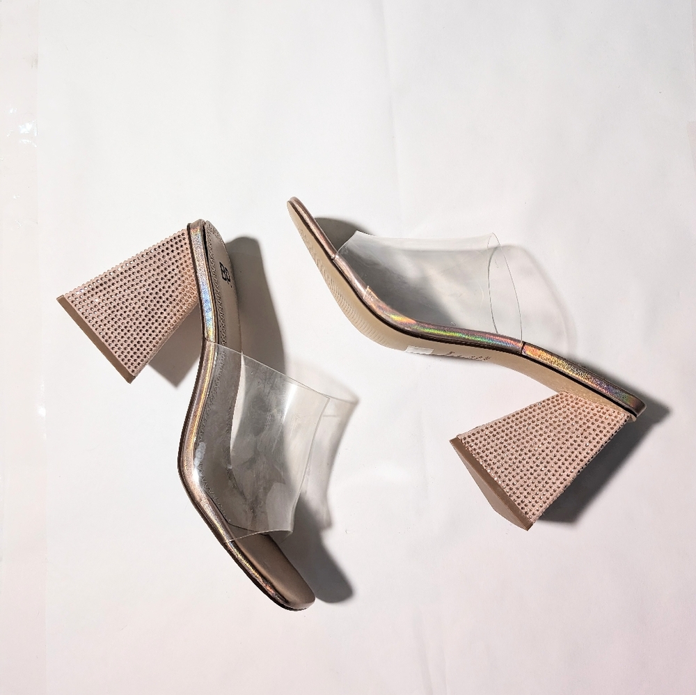 BP Collins sz. 9 translucent triangle block heel with rhinestones